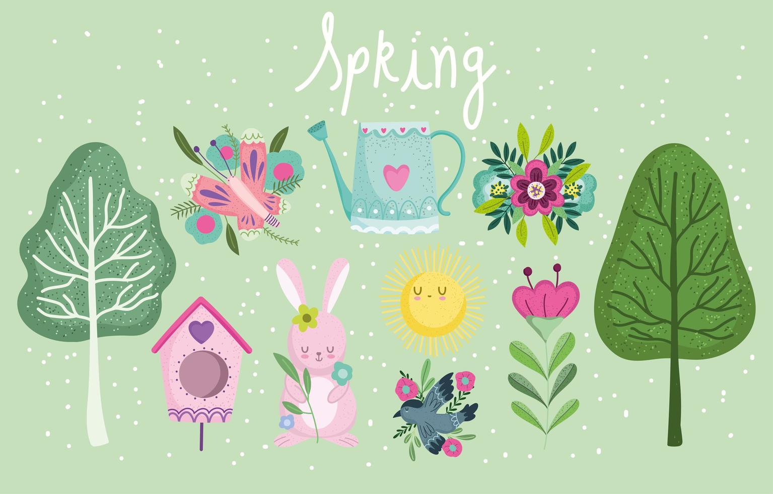 spring set trees rabbit flowers watering can bird house vector