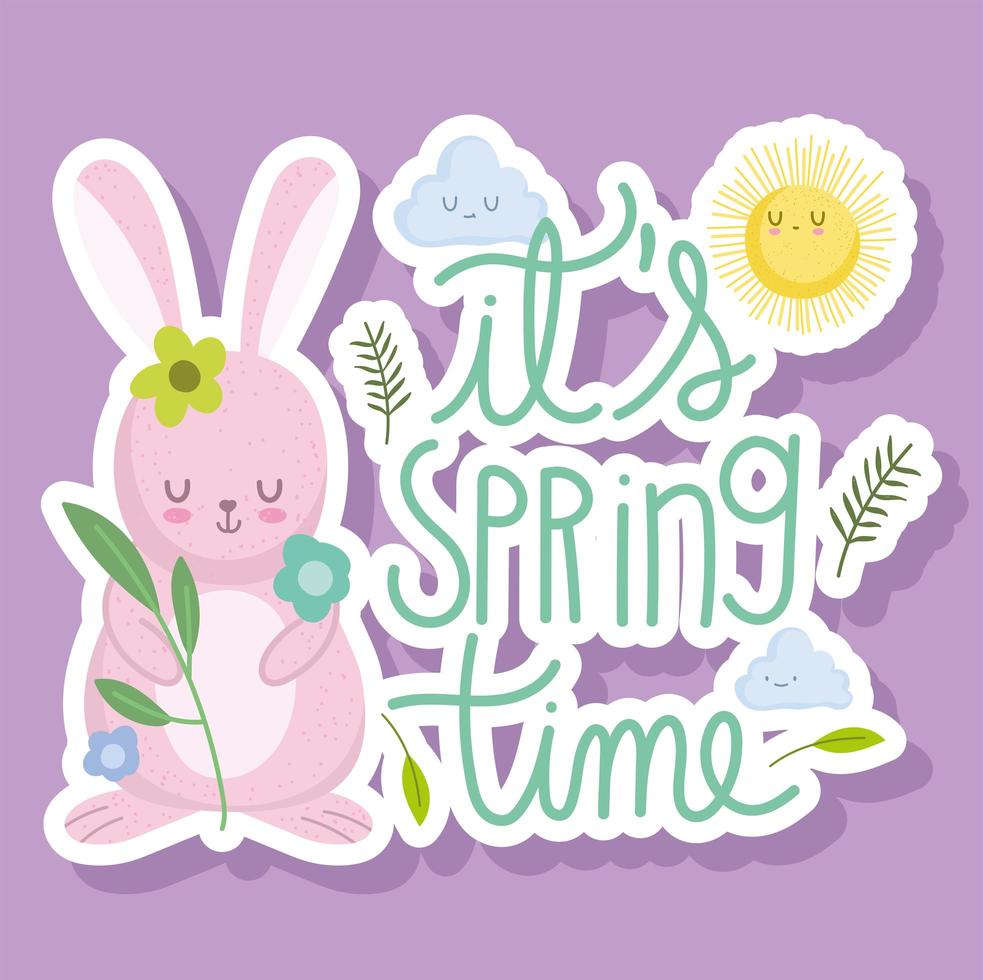 spring time rabbit flowers and sun cartoon card vector