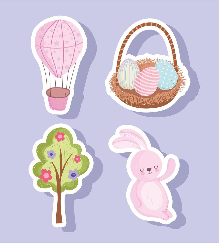 set happy easter cute rabbit egg basket tree flowers and air balloon vector
