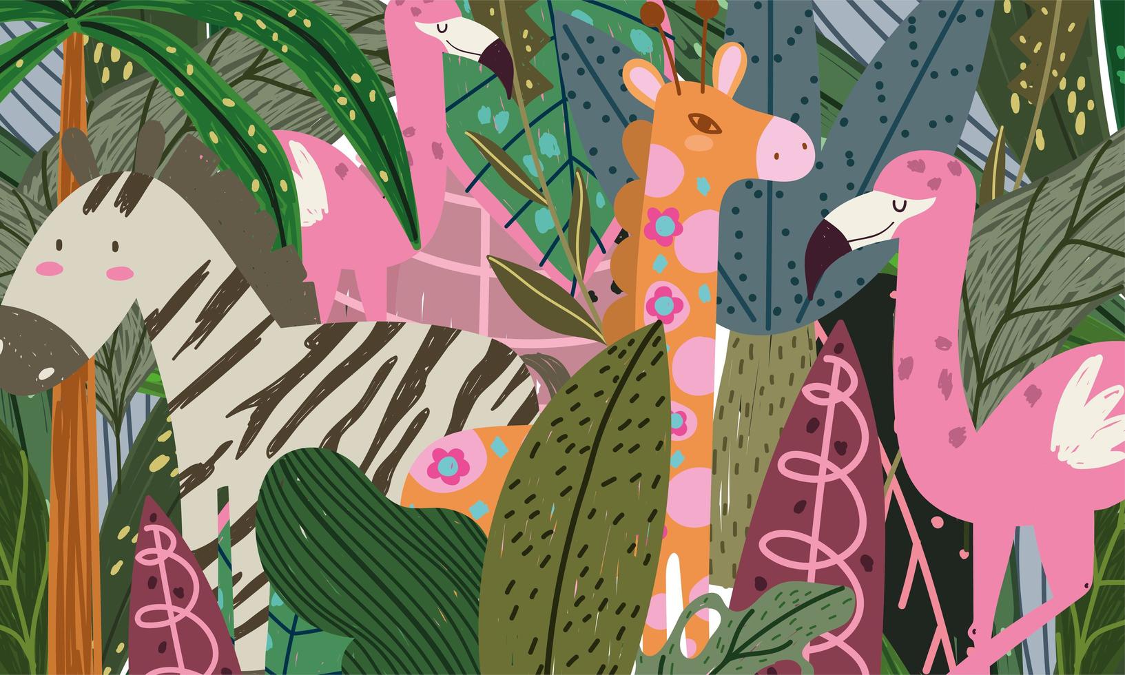 cartoon jungle animals cartoon abstract flamingo giraffe and zebra vector