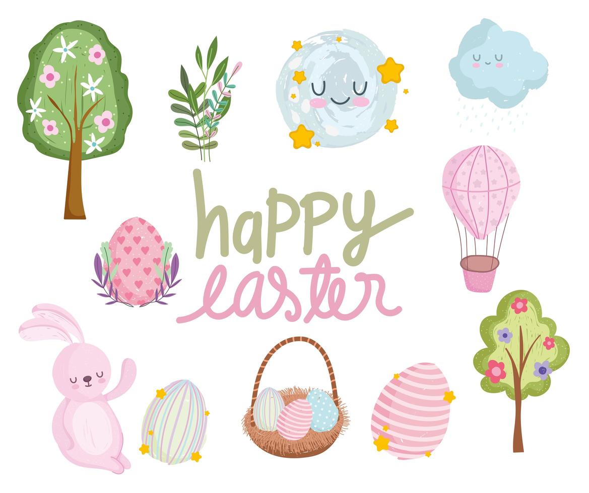 happy easter rabbit eggs tree flowers cloud cute cartoon vector
