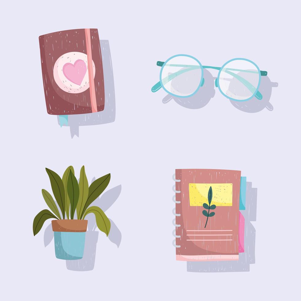 set book icon books glasses and potted plant hand drawn style vector