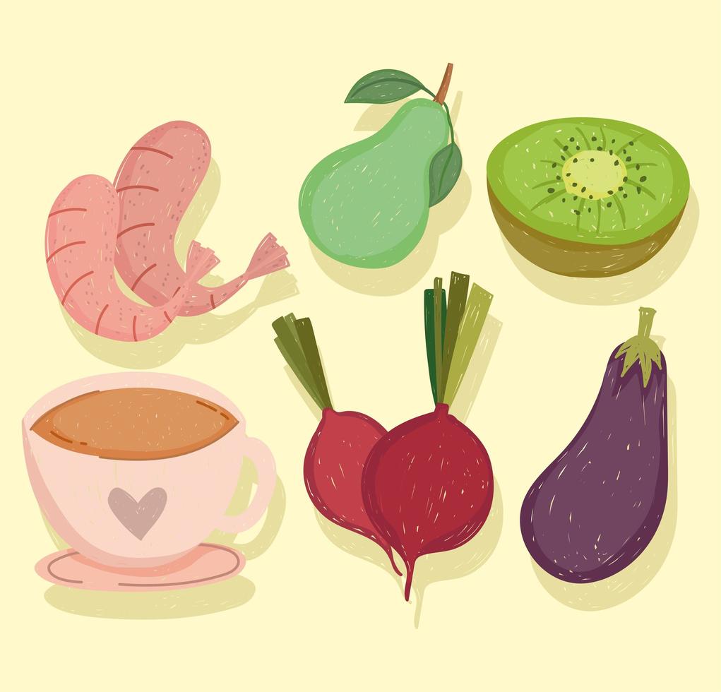 healthy food eggplant beetroot kiwi pear and coffee cup vector