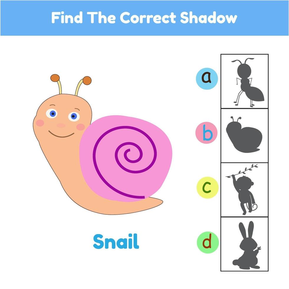 Find The Correct Shadow Game Animal Snail Cartoon Illustration Vector