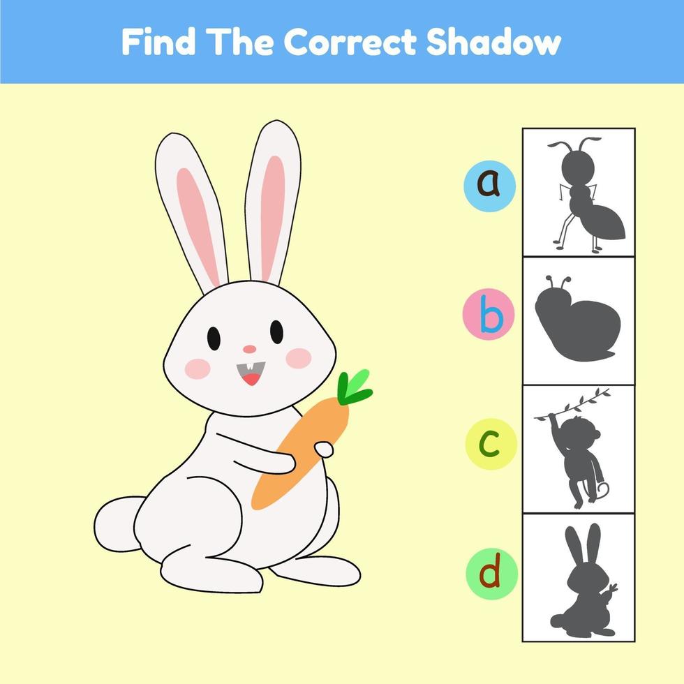 Find The Correct Shadow Game Animal Rabbit Cartoon Illustration Vector