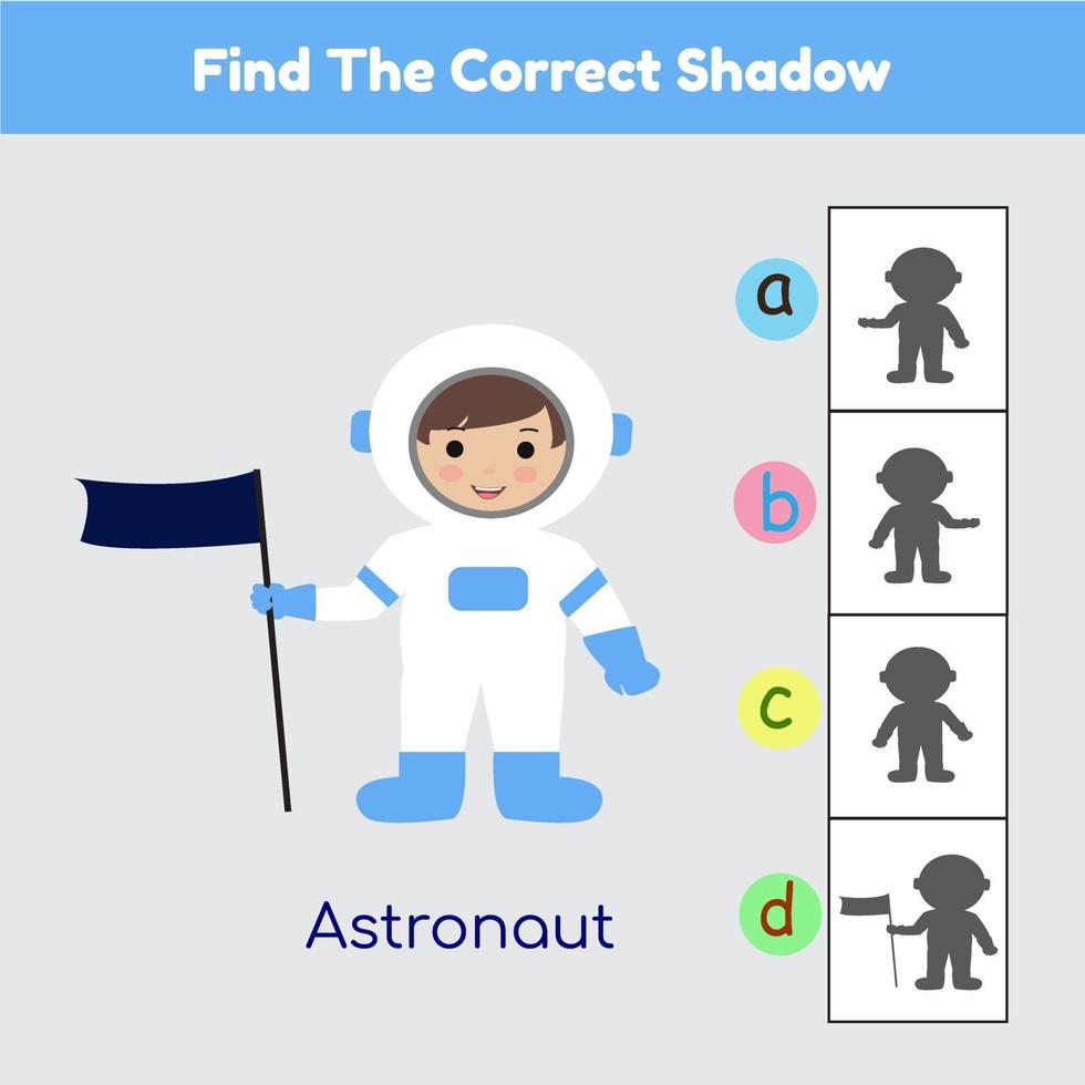 astronauta encuentra el juego de sombras correcto para niños vector