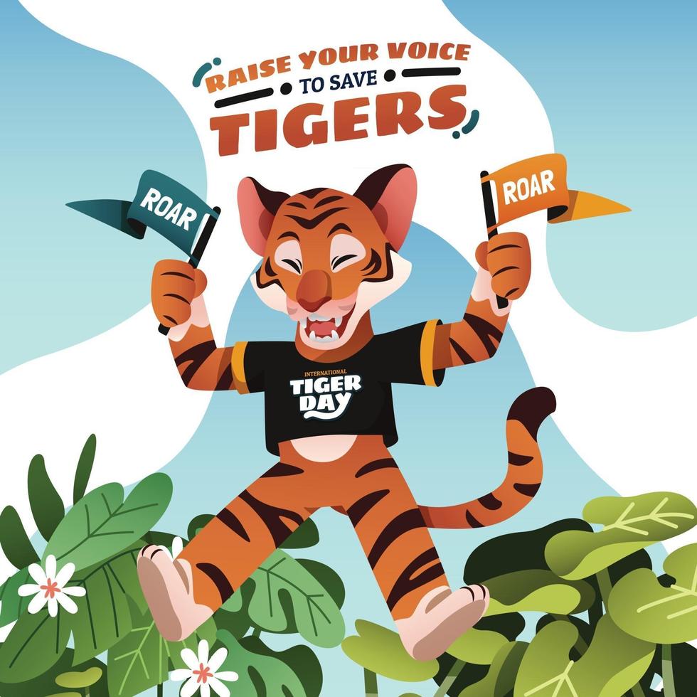 mascota tigre saltando sosteniendo una bandera de campaña vector