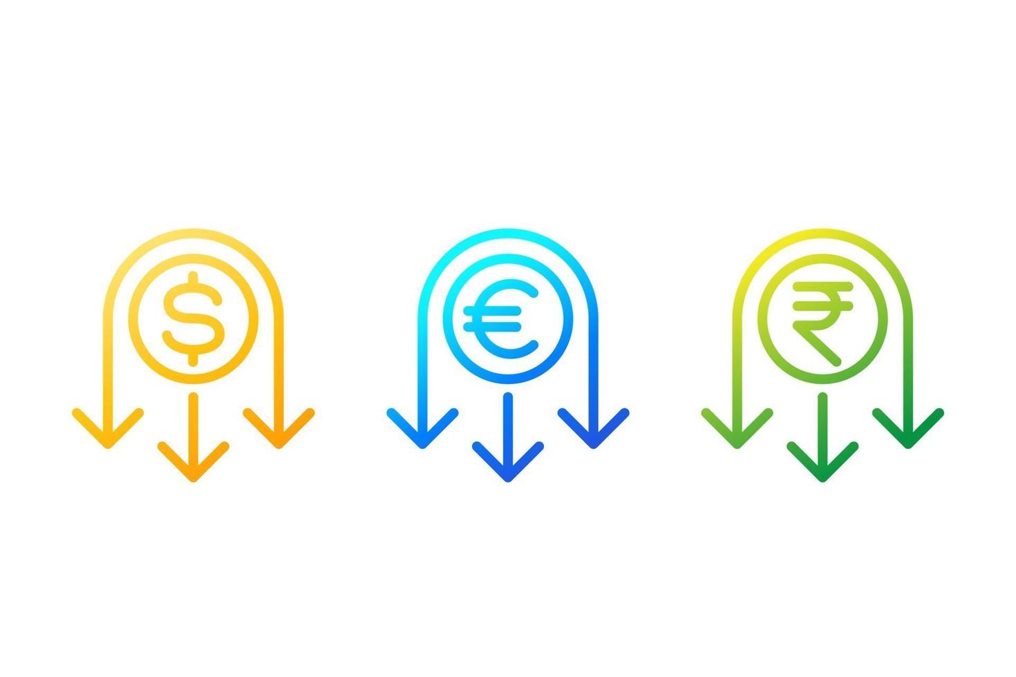 Reducir costos icono de línea con dólar euro y rupia vector