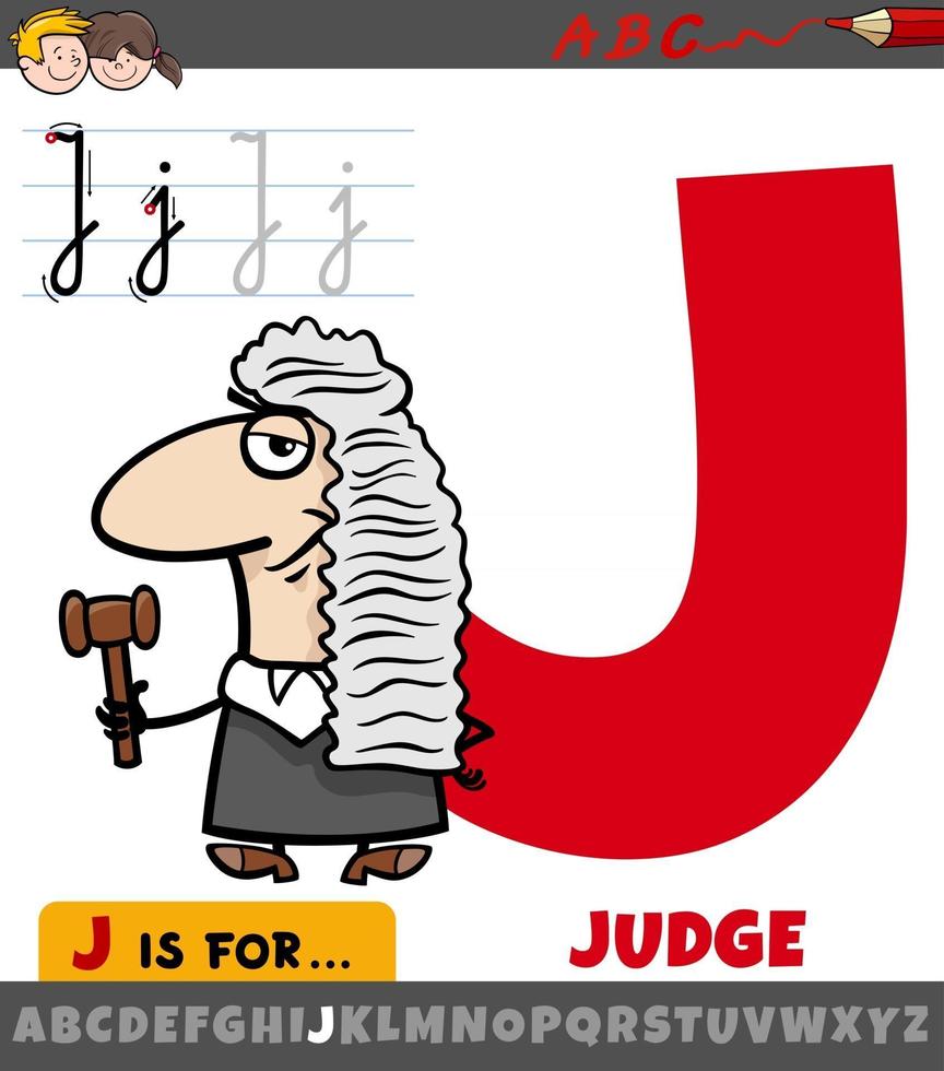 Letra j del alfabeto con personaje de juez de dibujos animados vector