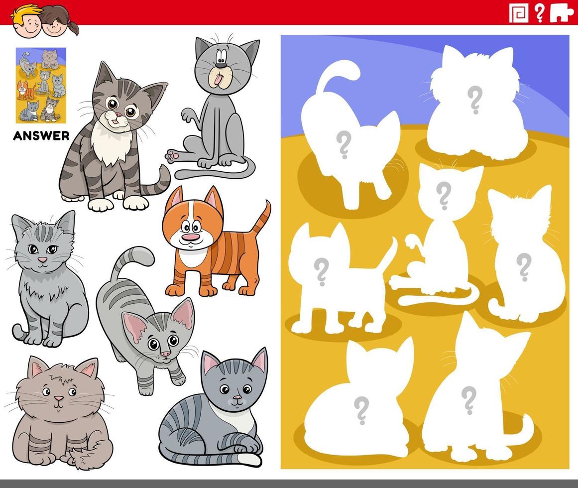 matching shapes game with cartoon cats characters vector