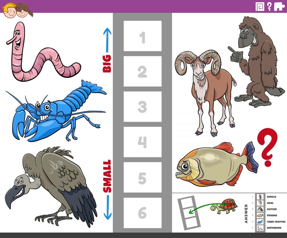 juego educativo con animales de dibujos animados grandes y pequeños. vector