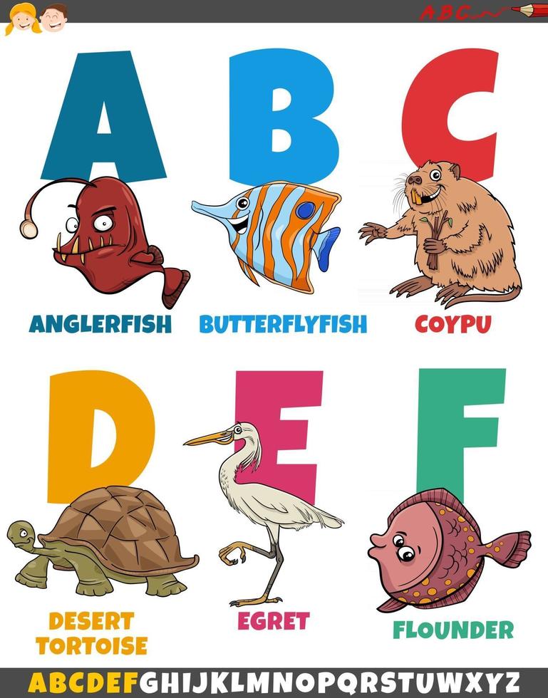 colección de alfabeto de dibujos animados educativos con animales divertidos vector