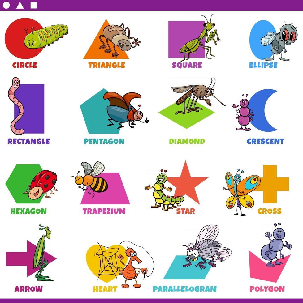 basic geometric shapes with comic insects characters set vector