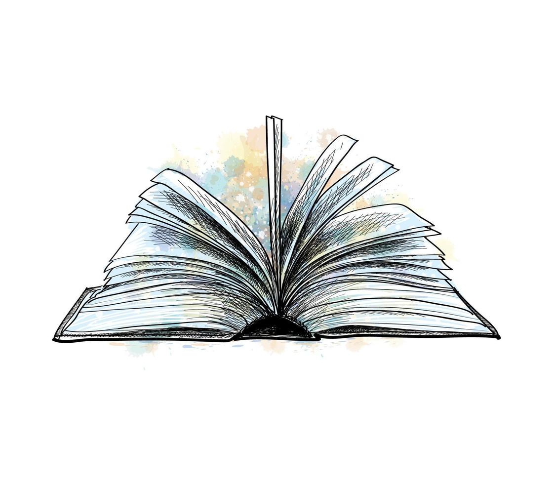 Open book from a splash of watercolor hand drawn sketch Vector illustration of paints