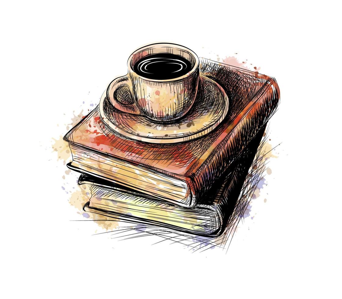 Composition of a stack of books and a cup of coffee from a splash of watercolor hand drawn sketch Vector illustration of paints