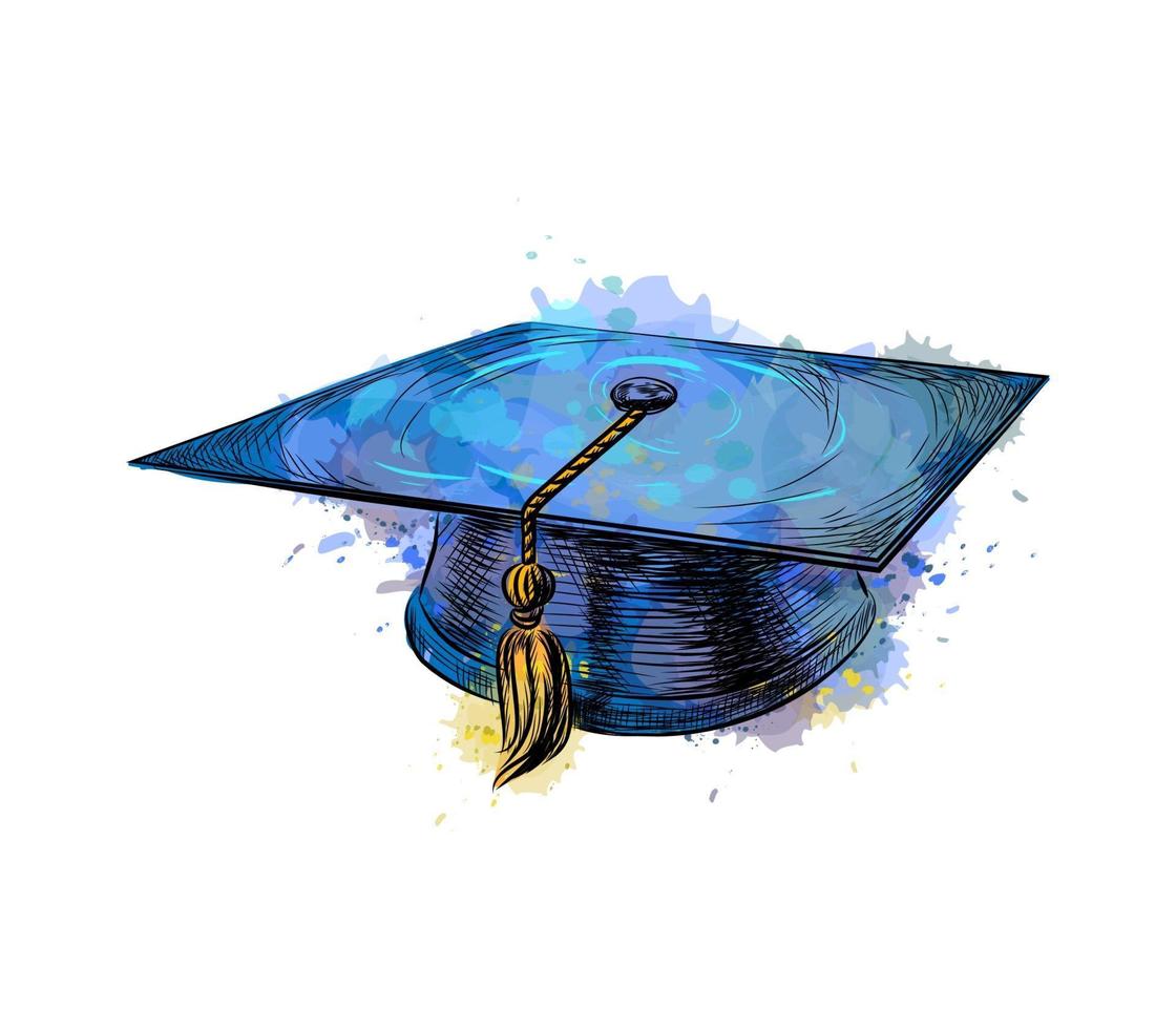 Graduation cap square academic cap from a splash of watercolor hand drawn sketch Vector illustration of paints