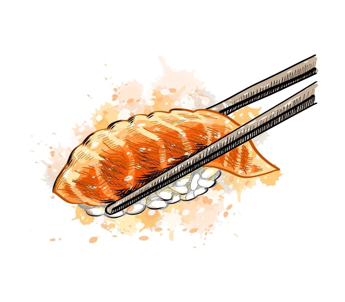 Gunkan sushi with salmon from a splash of watercolor hand drawn sketch Vector illustration of paints