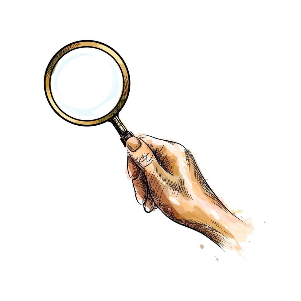 Hand holding magnifying glass from a splash of watercolor hand drawn sketch Vector illustration of paints