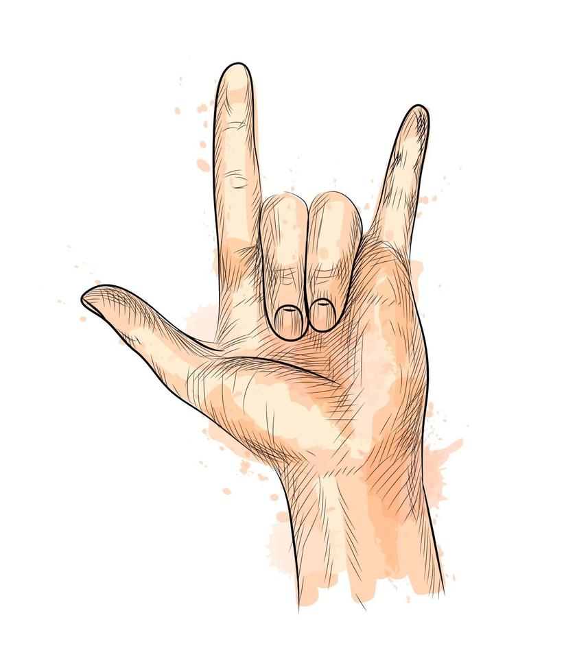 Hand showing Rock gesture from a splash of watercolor hand drawn sketch Vector illustration of paints