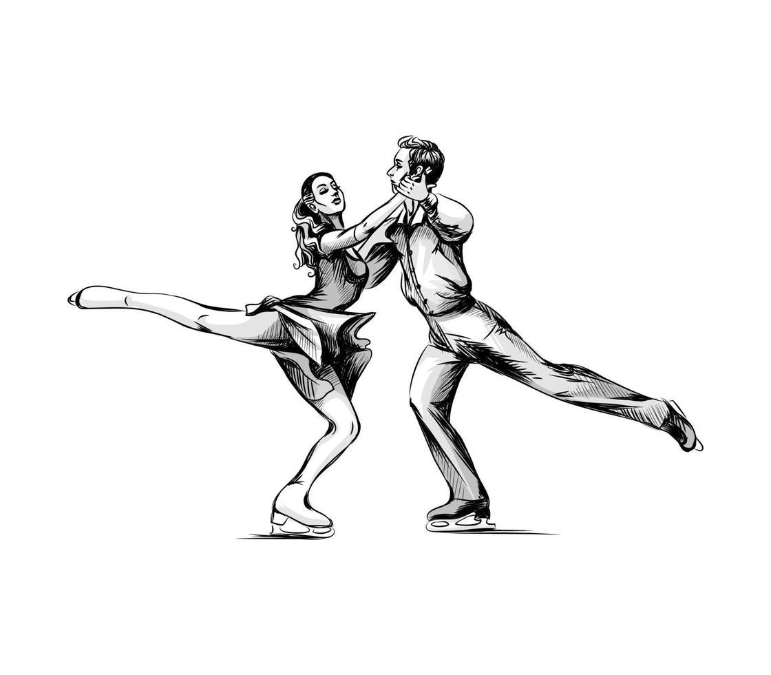 deporte de invierno patinaje artístico pareja joven patinadores boceto dibujado a mano ilustración vectorial de pinturas vector