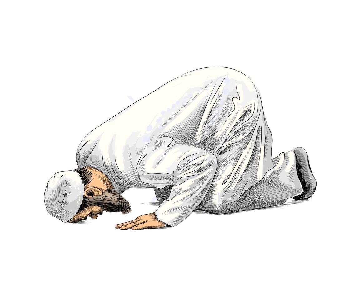 Muslim man praying hand drawn sketch Vector illustration of paints