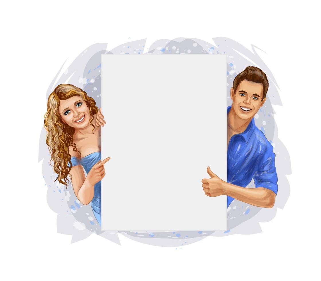Woman and man holding a poster Vector realistic illustration of paints
