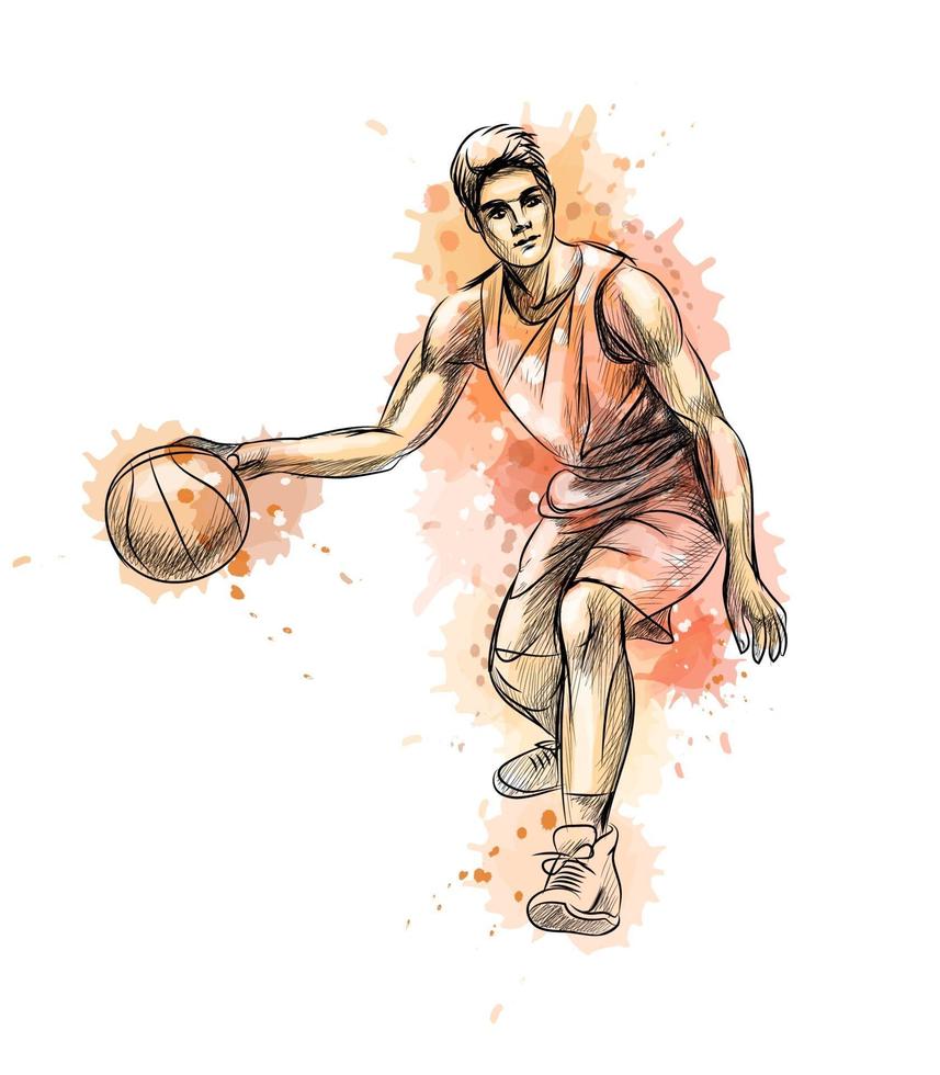 Jugador de baloncesto abstracto con pelota de un toque de acuarela boceto dibujado a mano ilustración vectorial de pinturas vector