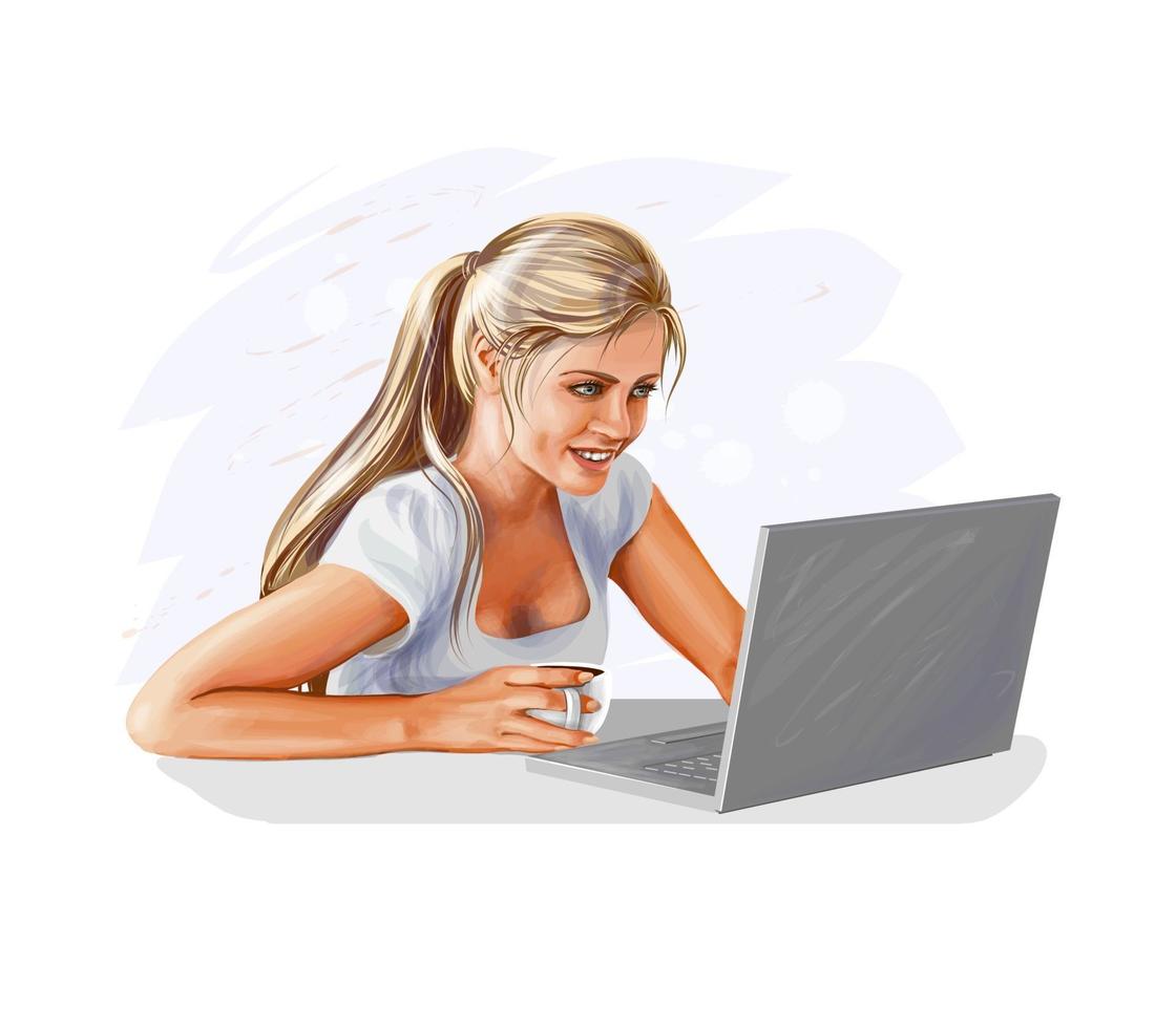 mujer bloguera trabajando en una computadora portátil con una taza de café vector ilustración realista de pinturas