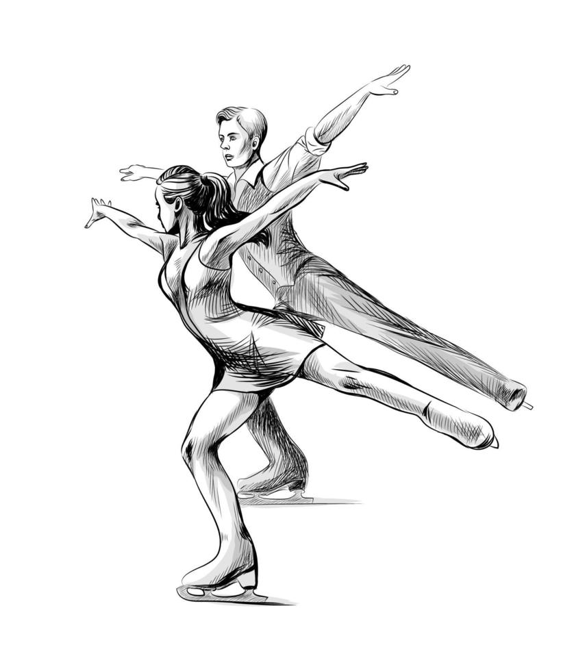 deporte de invierno patinaje artístico pareja joven patinadores boceto dibujado a mano ilustración vectorial de pinturas vector