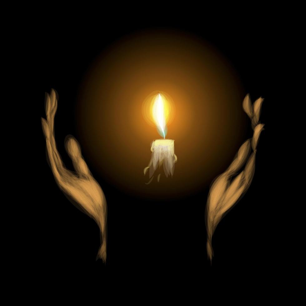 Hands holding a burning candle in dark Vector illustration of paints