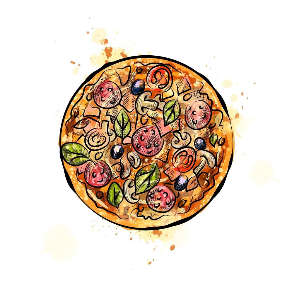 Pizza from a splash of watercolor hand drawn sketch Vector illustration of paints