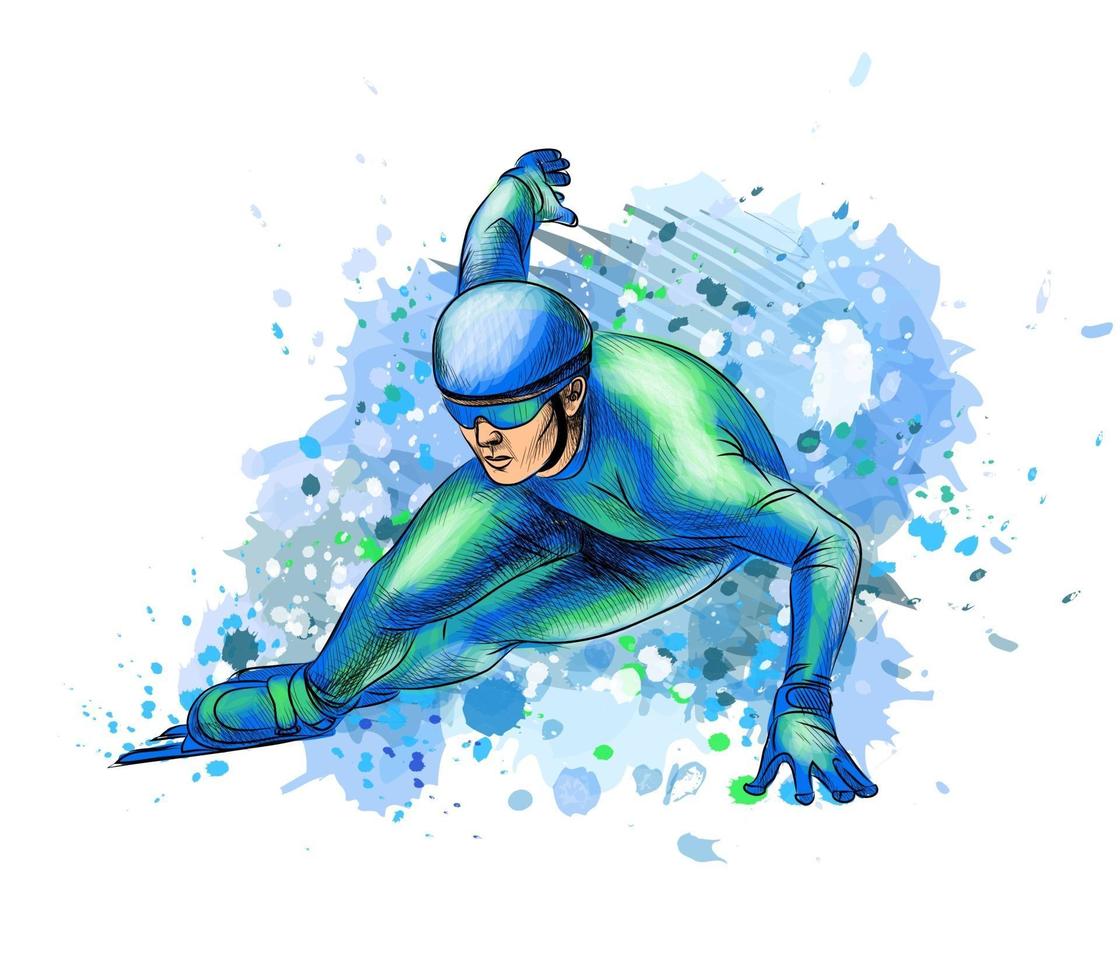 patinadores de velocidad abstractos de salpicaduras de acuarelas deporte de invierno pista corta ilustración vectorial de pinturas vector