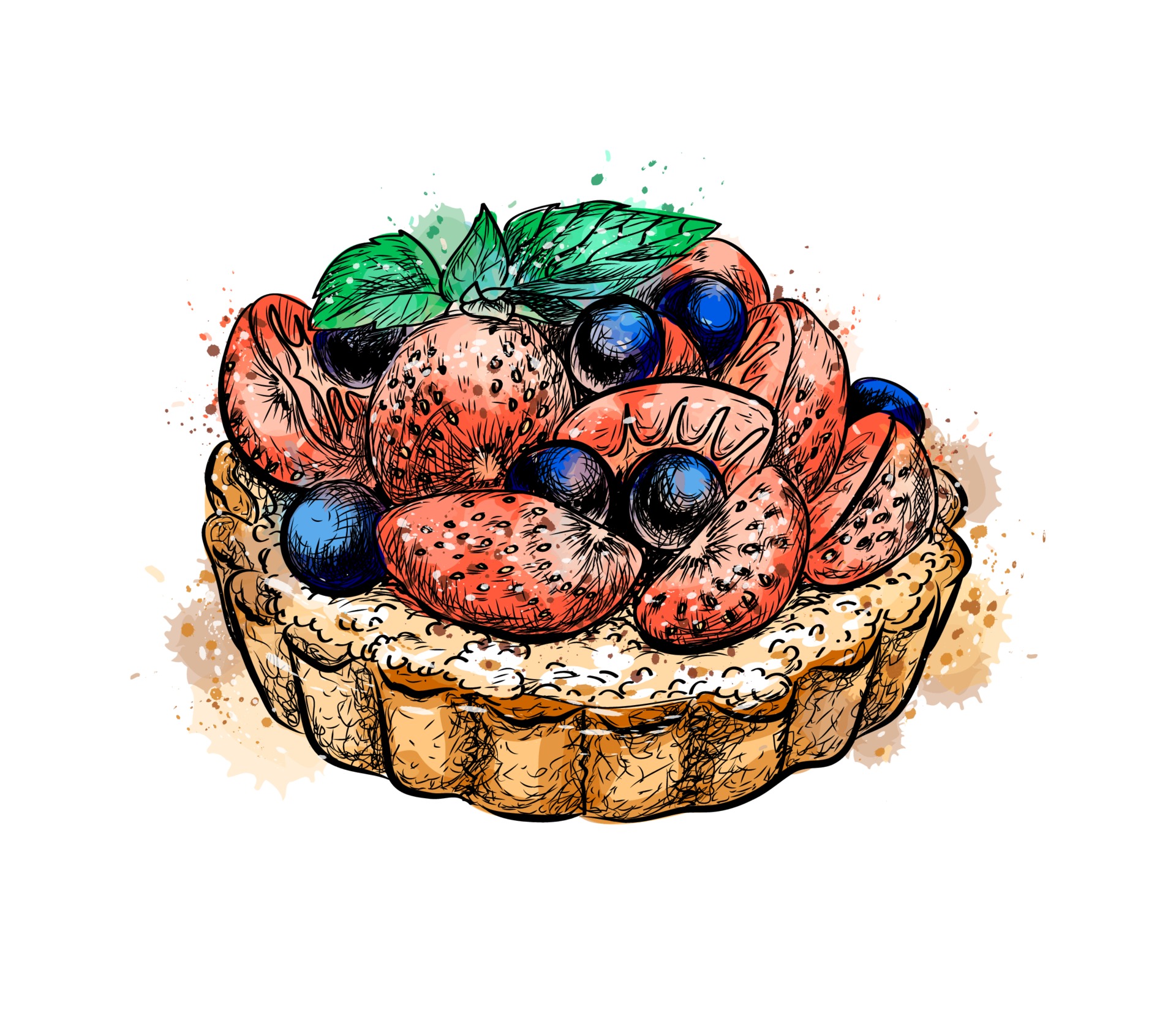 Cake with strawberries from a splash of watercolor hand drawn sketch ...