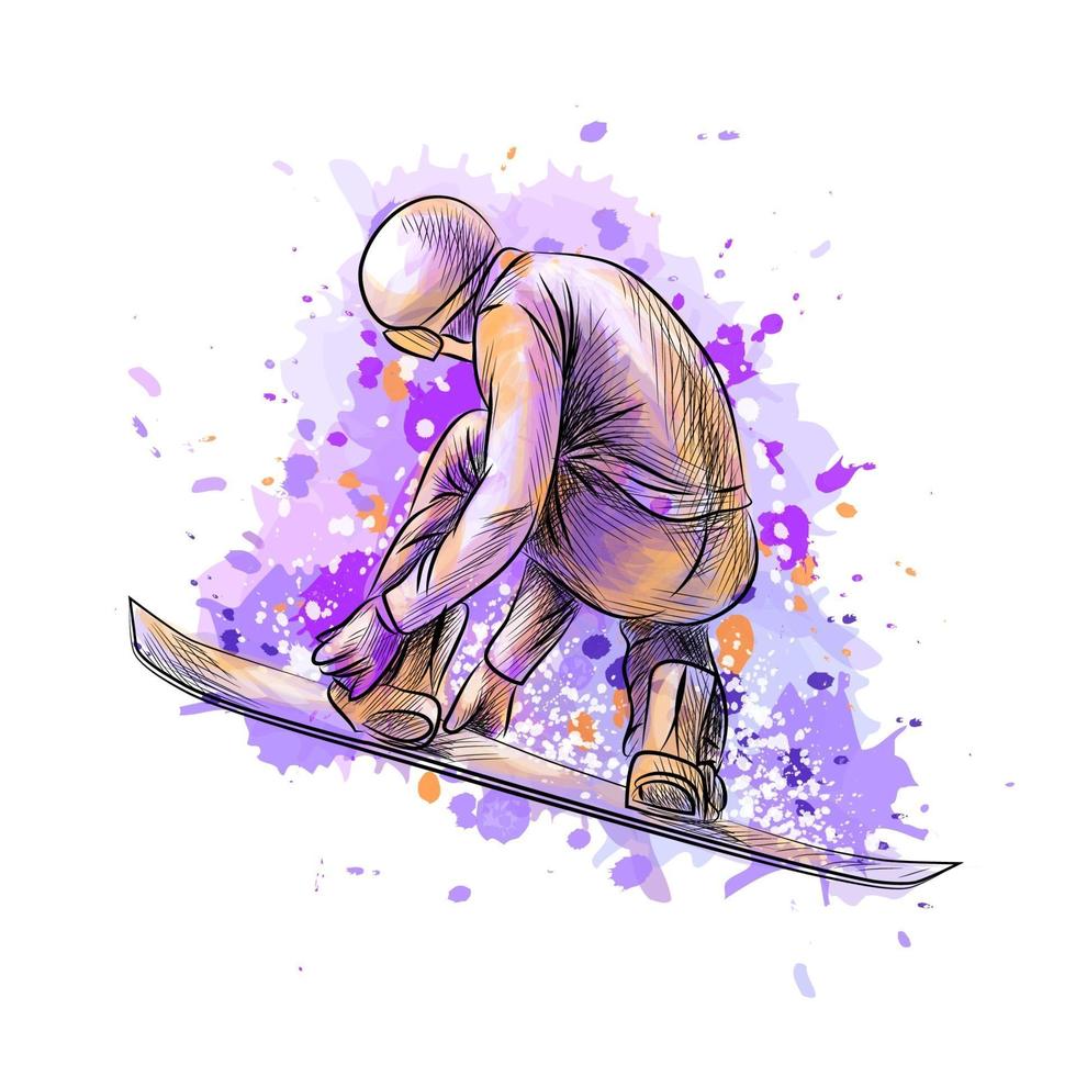 Snowboarder abstracto de un toque de acuarela boceto dibujado a mano ilustración vectorial de pinturas vector