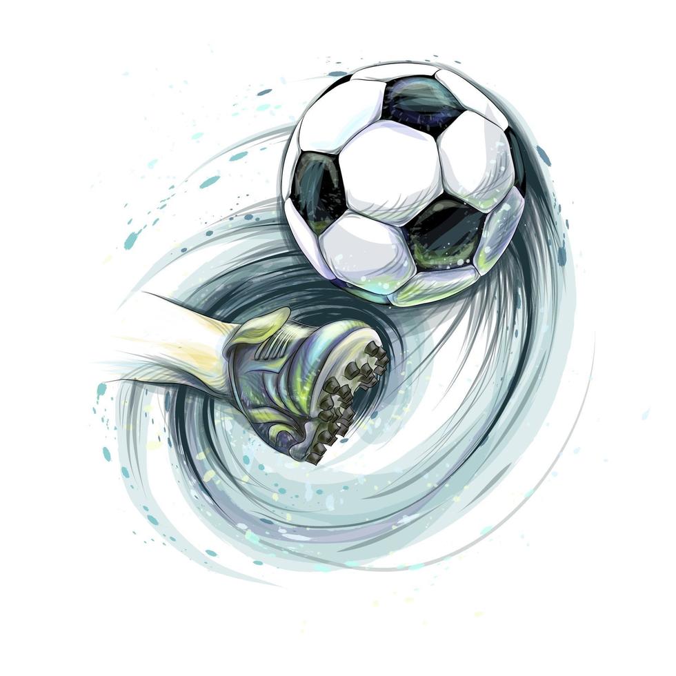 Kick a soccer ball Leg and football ball from splash of watercolors Vector illustration of paints