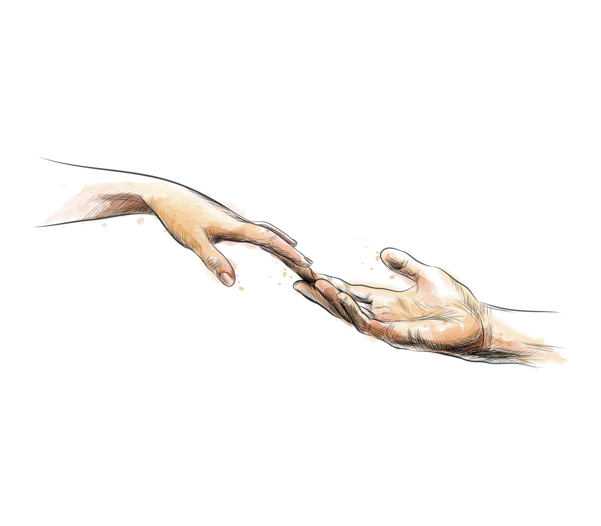 Colored sketch touching hands from a splash of watercolor Vector