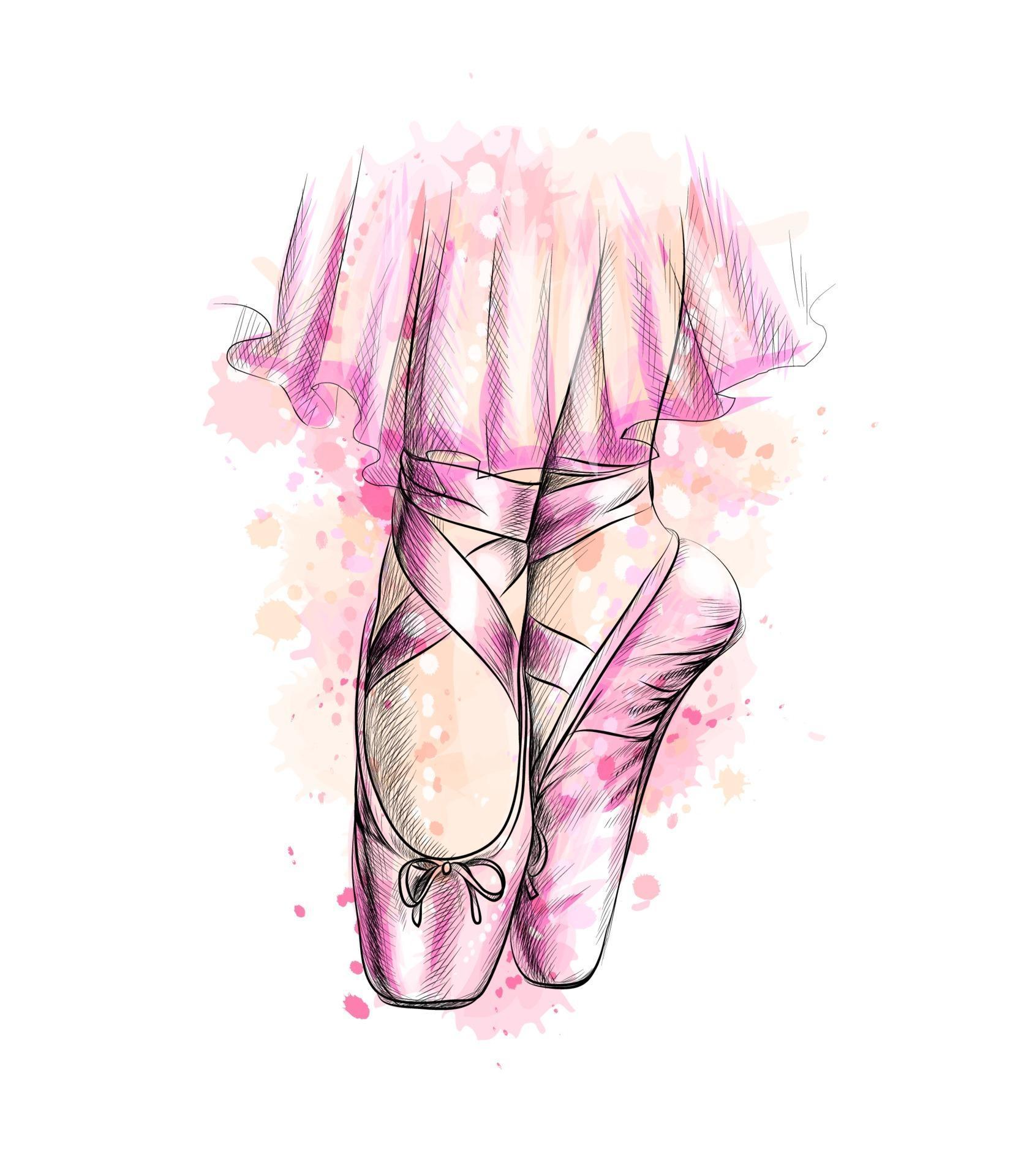 Legs of ballerina in ballet shoes from a splash of watercolor hand