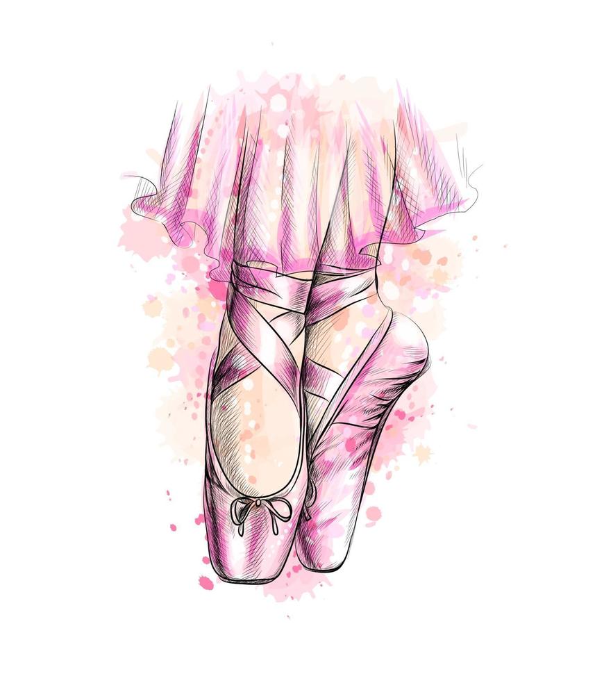 Legs of ballerina in ballet shoes from a splash of watercolor hand drawn sketch Vector illustration of paints