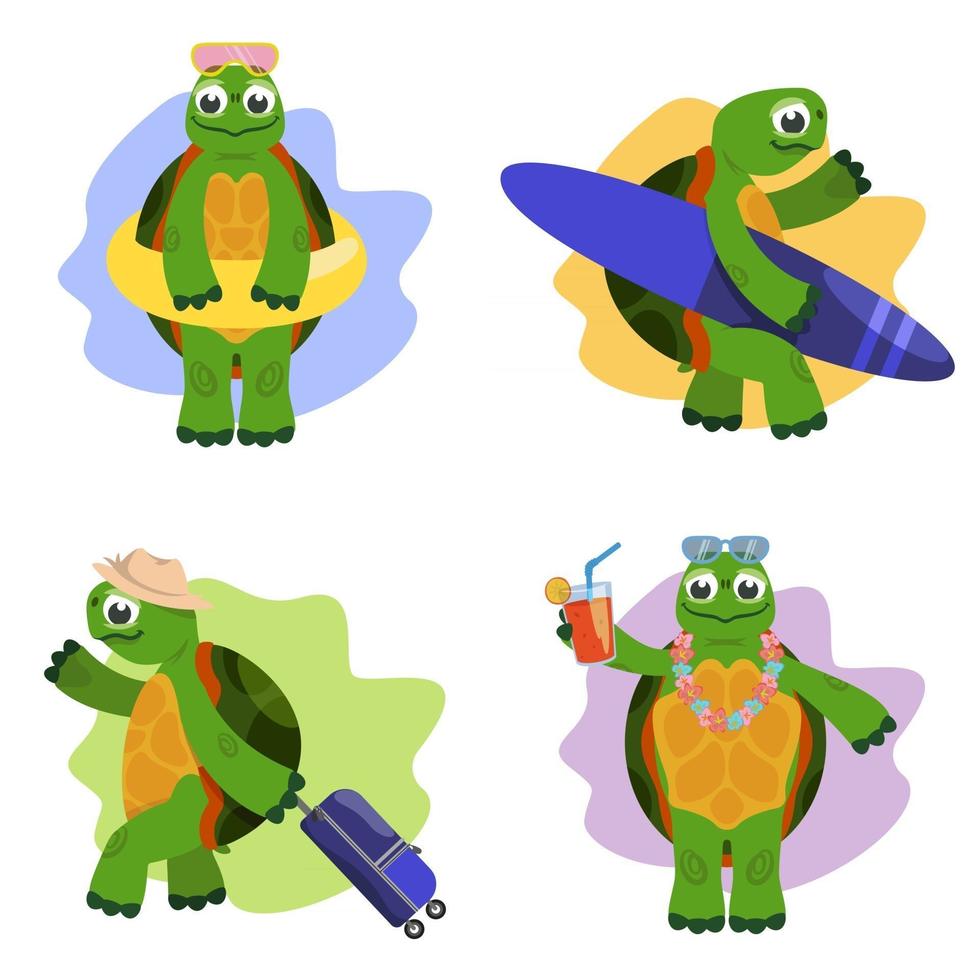 tortuga de dibujos animados en diferentes poses vector