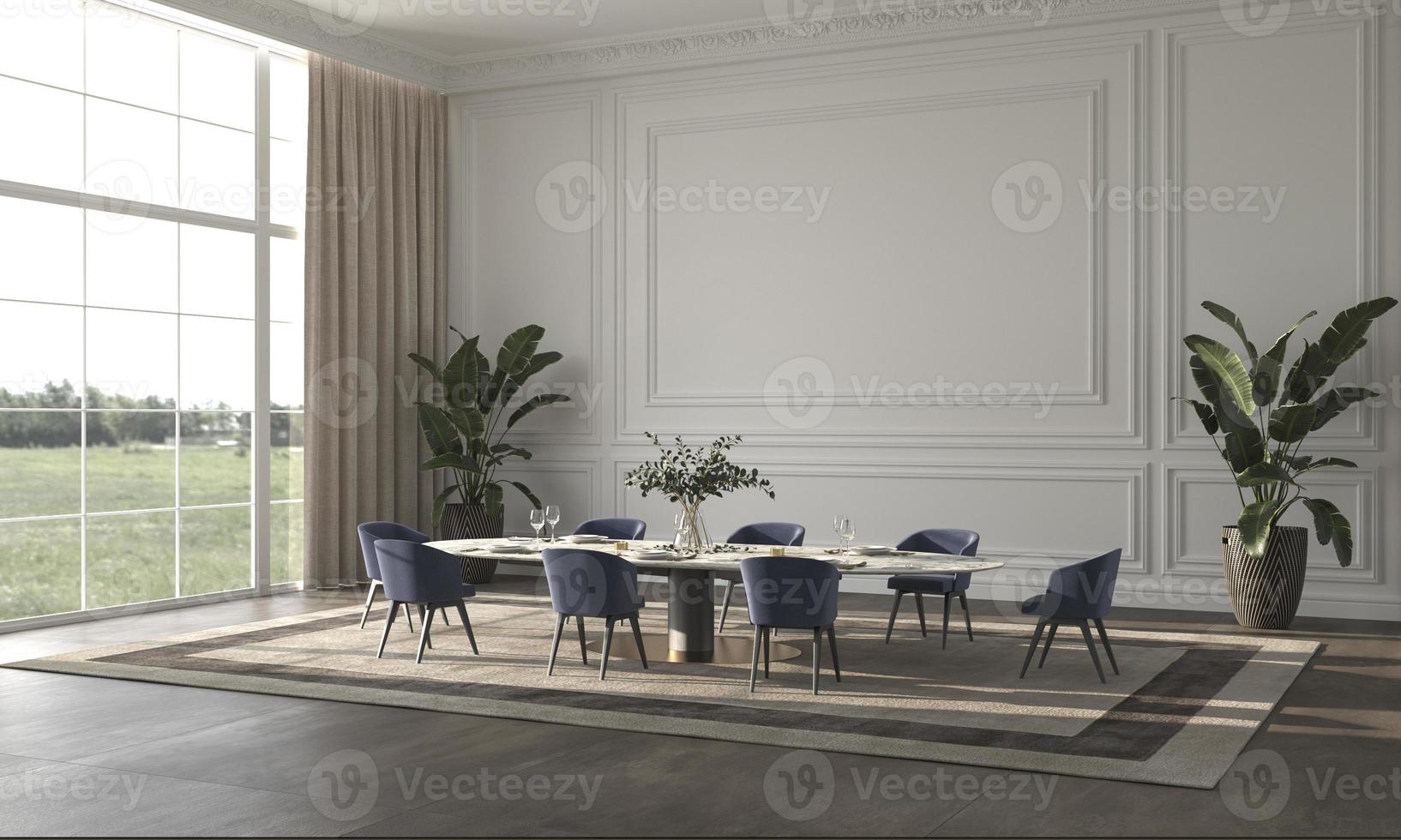 Comedor luminoso de lujo con luz solar y fondo de vista de la naturaleza Ilustración de renderizado 3D Diseño interior beige foto