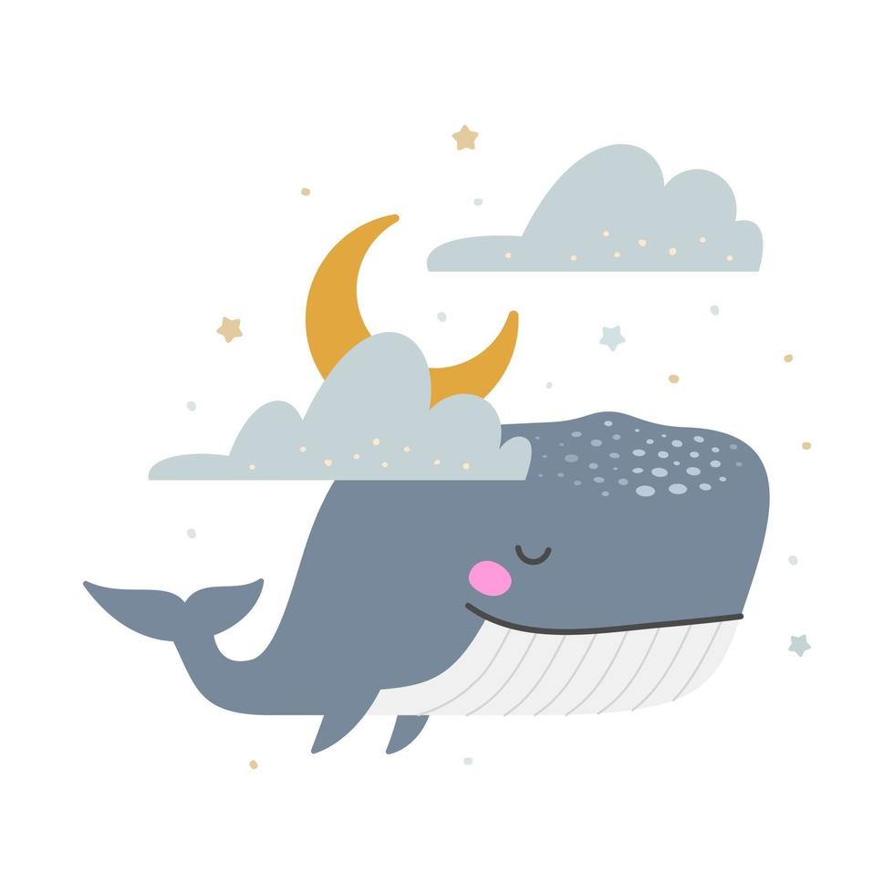 Blue whale flying in night sky with moon and stars and sleeping at night vector