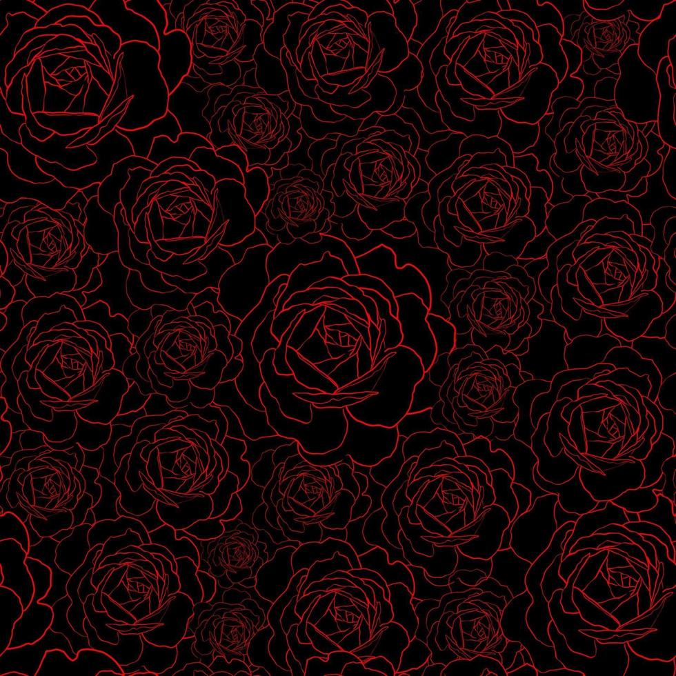 Seamless pattern with red rose flowers outline on the black background. Floral hand drawn ornament in sketch style. vector