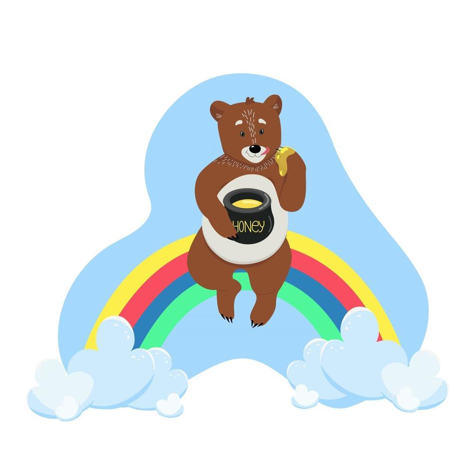 Cute bear sitting on a rainbow and holding a pot of honey in his paws childrens cartoon style flat design vector