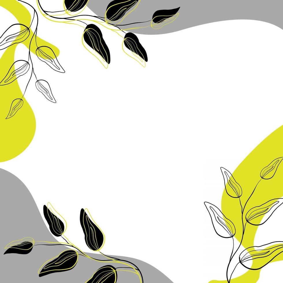 Abstract floral frame decorated with silhouette twigs of yellow and black Template for design Vector abstract frame on a white background yellow and gray colors