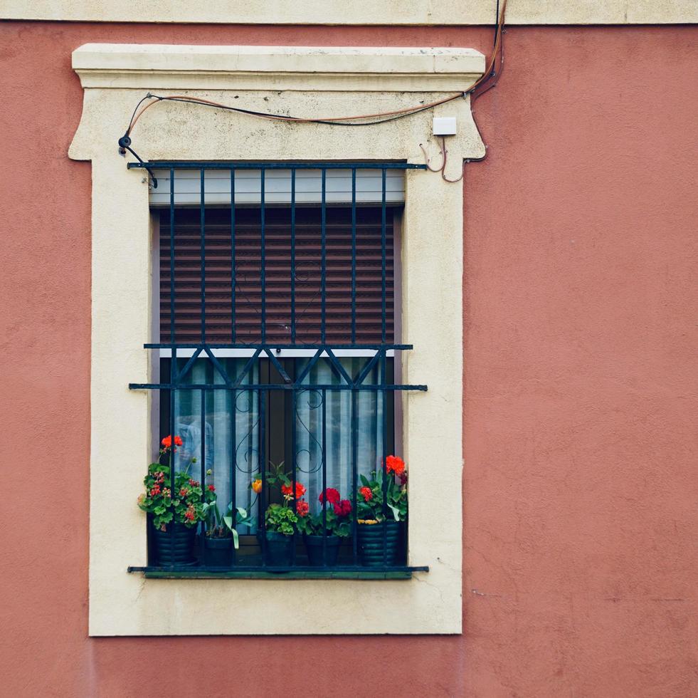 ventana en la fachada rosa de la casa foto