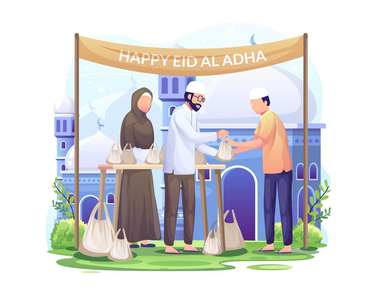 la gente distribuye carne de sacrificio en eid al adha feliz celebra eid al adha mubarak ilustración vectorial vector