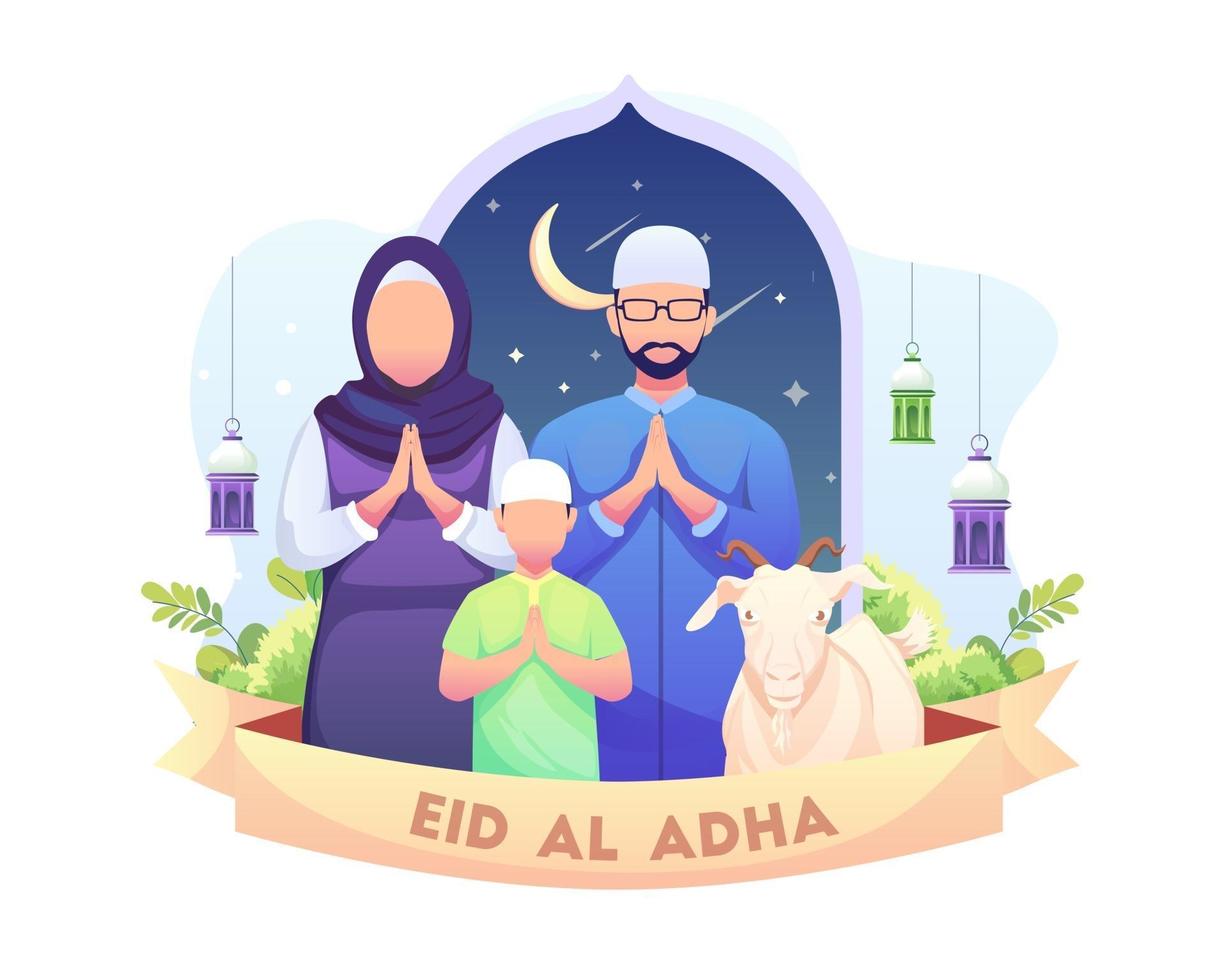 feliz saludo de eid al adha mubarak con una ilustración de vector de familia musulmana