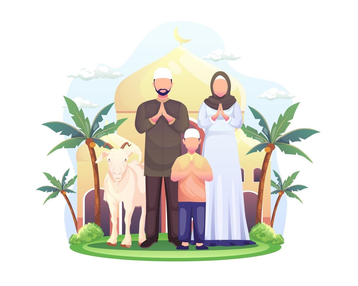 Feliz familia musulmana celebra eid al adha mubarak con una cabra en una ilustración de vector de mezquita frontal