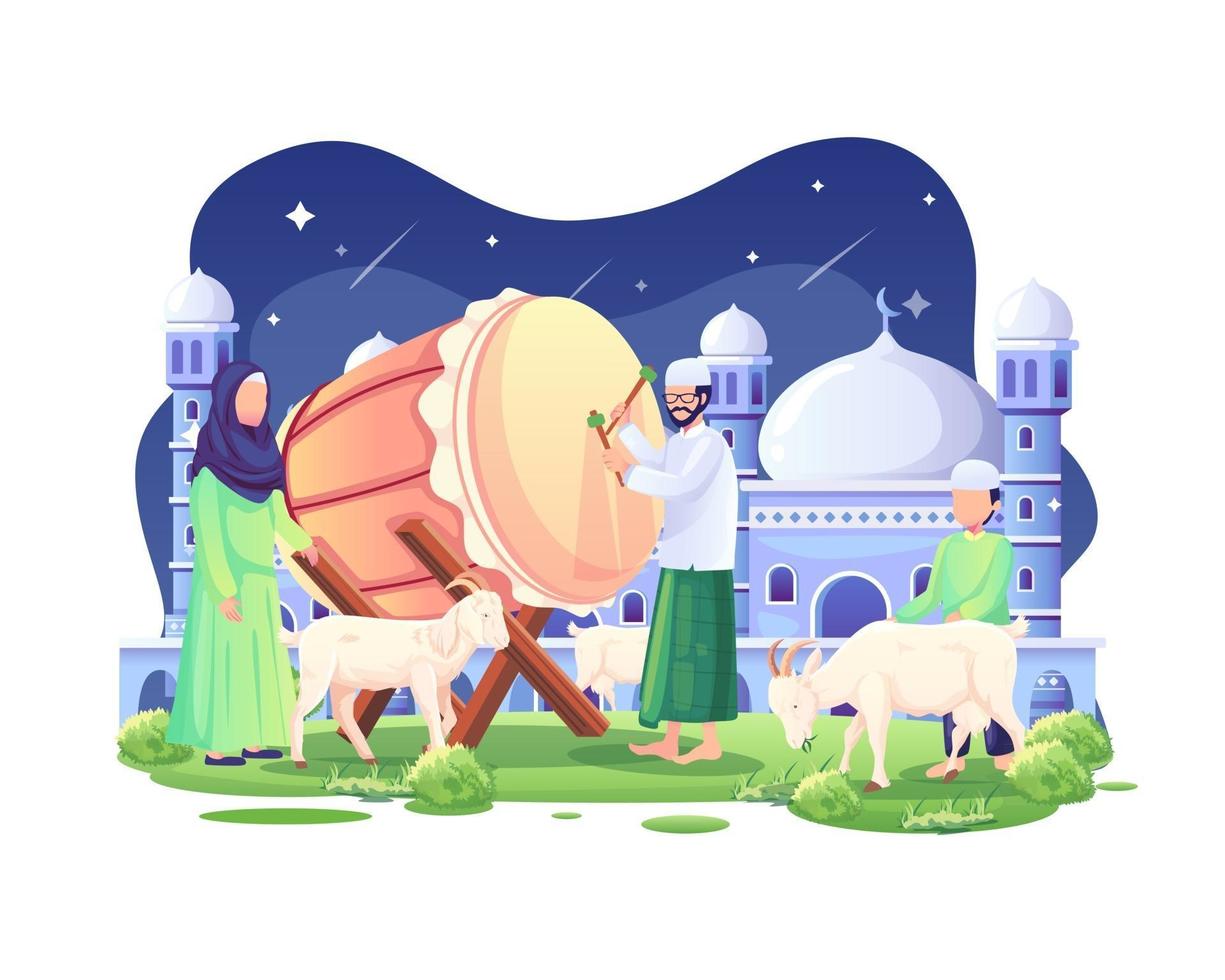 la gente da la bienvenida a eid al adha mubarak por la noche con un bedug y algunas cabras y ovejas ilustración vectorial vector