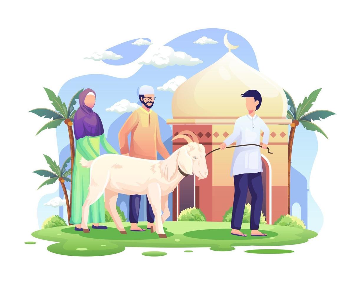People bring a goat for qurban or sacrifice in Eid Al Adha Mubarak vector illustration